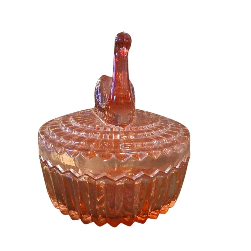 Vintage Jeanette Amberina Glass Powder Dish w/Swan Lipstick Holder Lid
